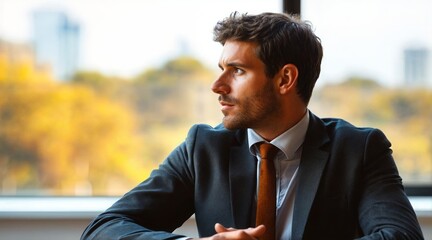 Wall Mural -  A man wearing a suit and tie, sitting in front of a window and looking out. He is looking to his left.