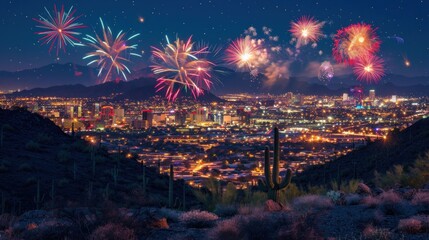 Poster - Fireworks Display Over a Cityscape with a Mountain Range and Saguaro Cactus in the Foreground