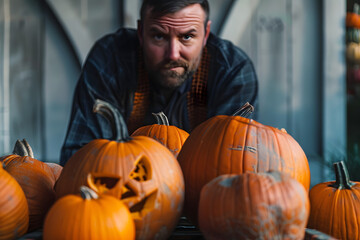 Sticker - Man standing behind bunch of pumpkins for halloween