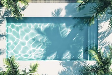 Poster - This image features an aerial view of a crystal blue swimming pool, adorned with dramatic shadows from surrounding palm trees, casting a tranquil ambiance.