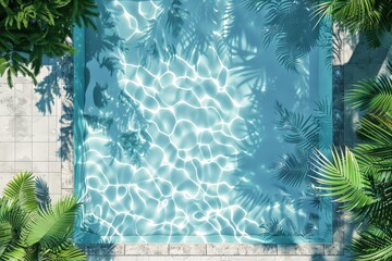Poster - A visually stunning rectangular pool with bright light reflections and surrounding plants, captured from above, offering a refreshing and peaceful environment in a natural setting.