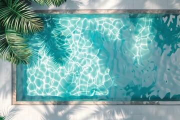 Poster - This aerial shot captures a crystal clear swimming pool, with an impeccable view of shadowy palm fronds adding depth to the pristine, tranquil water.
