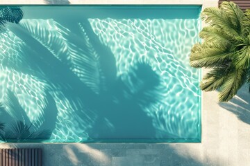 Poster - This image features a modern swimming pool, capturing the elegance of crystal clear water perfectly reflecting the shadows of surrounding palm trees, invoking an oasis-like feel.