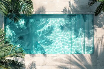 Poster - A stunning top view of a modern swimming pool with clear, sparkling water, surrounded by marble tiles and leafy green palm shadows, evoking a luxurious, tropical vibe.