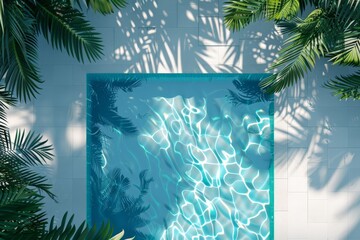 Poster - This image captures a square-shaped swimming pool from an overhead perspective, with lush green foliage casting intricate shadows on the cool, inviting water surface.