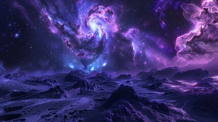 Aufkleber - A captivating scene of a purple galaxy swirling in the starry night sky above a rugged, rocky alien terrain, blending the beauty of cosmic phenomena and extraterrestrial landscapes.