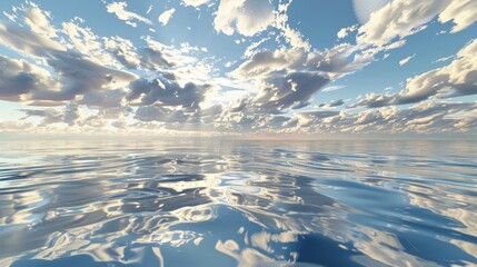 Poster - A serene oceanic scene where the golden waters reflect the glowing sunlight, dotted with fluffy clouds, creating a peaceful and heavenly atmosphere over the endless horizon.