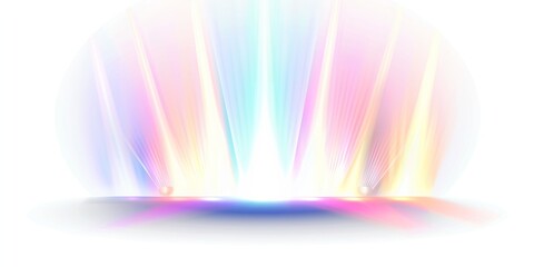 Poster - A soft, glowing light beam on a white background with rainbow colors. The beams form an open space for text or product display