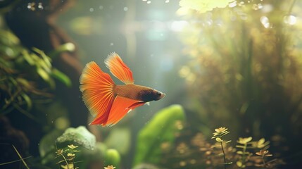 Orange Betta Fish in Lush Aquarium Illustration