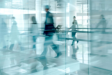 Blurry silhouettes of business people walking in a modern office