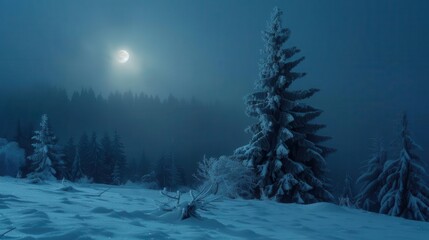 majestic snowcovered evergreen in moonlit winter wonderland ethereal blue light sparkling snow crystals misty atmosphere serene landscape