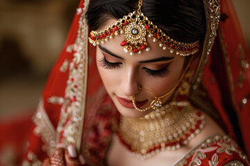 Wall Mural - A young bride of Indian ethnicity wearing bridal costumes and jewellery looking down