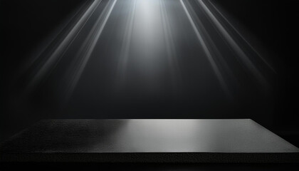 Poster - black abstract table stage with light beams and shadows, empty stage podium for products placement a