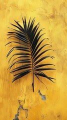 Poster - A black leaf is on a yellow wall