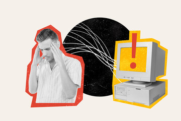 Fototapete - Composite collage image of stressed man migraine error broken computer problem connection freak bizarre unusual fantasy