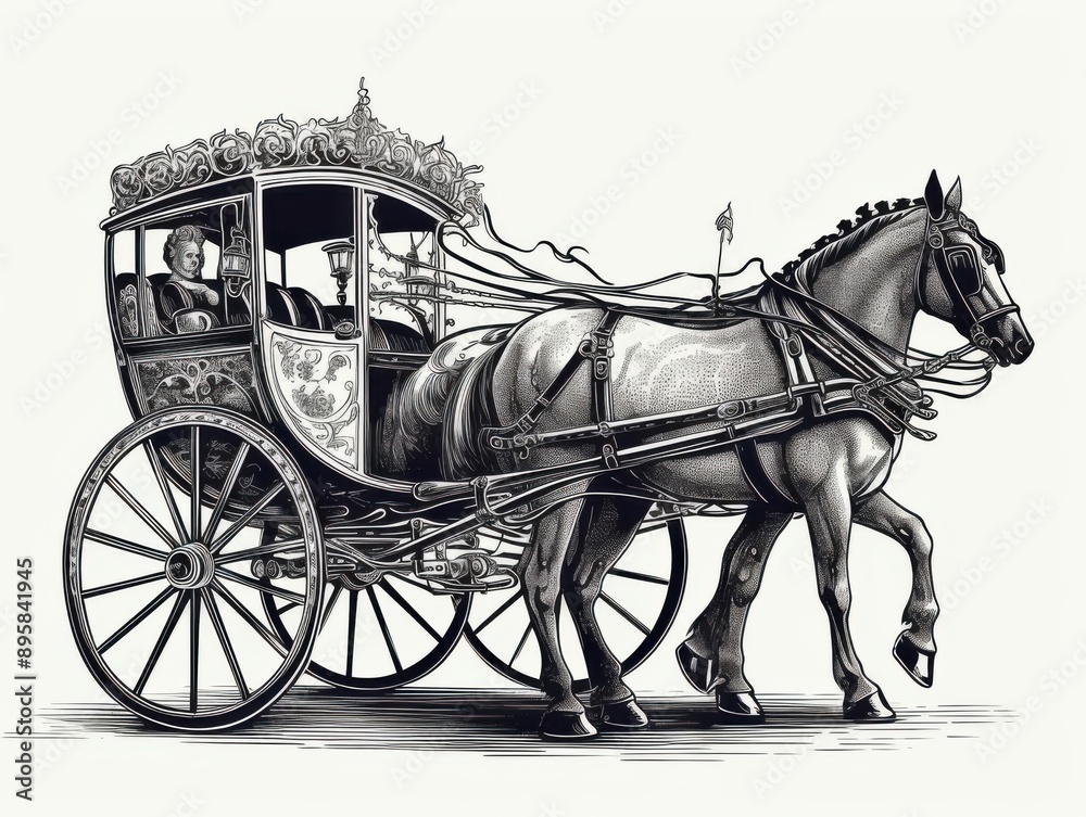 Black and white Vintage engraved art of a retro horse wheelisolated on white background, ink sketch illustration, simple vector art design, highly detailed line art, high contrasty. --ar 4:3 --v 5 Job