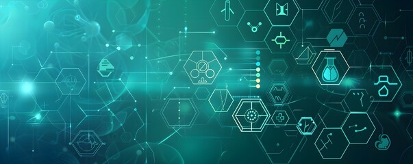Poster - Abstract medical background with hexagons and icons, blue color, vector illustration, banner design. Background for scientific or technological concepts in medicine, health care, healthcare systems, g