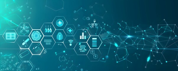 Poster - Abstract medical background with hexagons and icons, blue color, vector illustration, banner design. Background for scientific or technological concepts in medicine, health care, healthcare systems, g