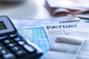 calculator and paycheck on a desk representing payday and financial management