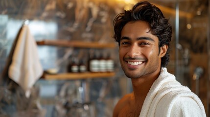 Young Indian Man Enjoying a Shower in the Bathroom, Copy space