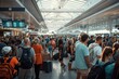 © Milos - The image captures a crowded airport terminal bustling with travelers and their luggage, under a high ceiling and bright lights, signifying a busy travel environment.