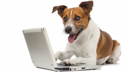 Dog using laptop on white background in studio.