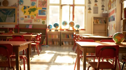 Poster - Empty classroom with red chairs and wooden tables. Sunlight coming through the window, globe models placed on a shelf, walls full of drawings and writings. School building indoors