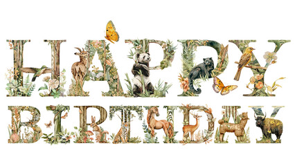 Wall Mural - Happy birthday word sticker png element, editable botanical animal font design