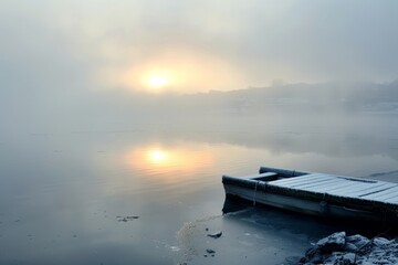 Aufkleber - A peaceful scene featuring a snow-covered dock extending into a calm lake with fog enveloping the surroundings, and the sunrise casting a soft, warm glow over the landscape.