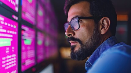 Poster - Focused professional analyzing data on multiple screens, indicating modern technology and financial markets insights.