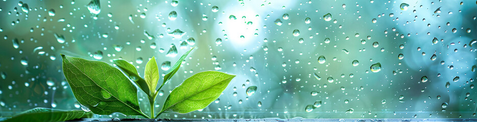 Wall Mural - rainy window with blurred raindrops and a green leaf in the foreground, watercolor, light blue and t
