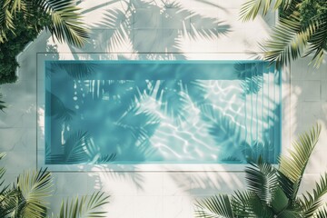 Poster - A pristine outdoor swimming pool is captured from above, surrounded by lush green palm trees casting shadows on the water, creating a serene and refreshing ambiance.