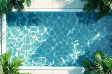 Poster - An inviting swimming pool with clear blue water, surrounded by the shadows of palm trees, creating a tranquil and refreshing atmosphere perfect for relaxation.