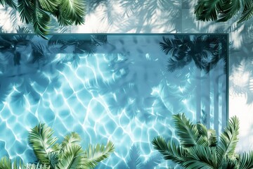 Poster - A picturesque swimming pool surrounded by tropical palm trees, with crystal-clear water reflecting the vibrant greenery, evoking a sense of paradise and relaxation.