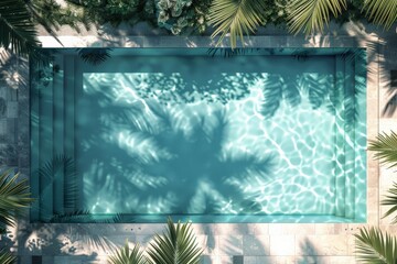Poster - A brightly lit rectangular pool featuring clear, shimmering water and surrounded by the shadows of palm trees, offering an inviting and serene environment for relaxation.