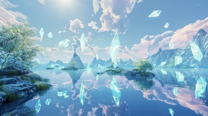 Aufkleber - A tranquil scene of a serene mountain lake with floating crystal stones in a clear blue sky, reflecting surreal and peaceful natural beauty.