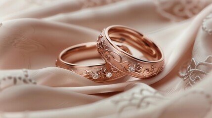 two intertwined rose gold wedding bands floating above a soft blushtoned silk backdrop delicate floral engravings subtle diamond accents catching the light