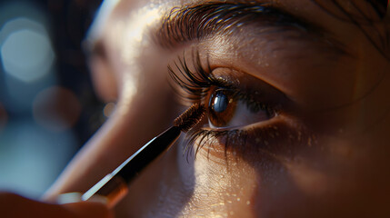 Wall Mural - close up of a woman applying mascara to her eyelashes.