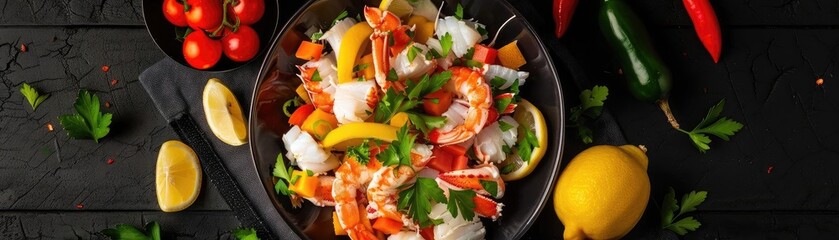 Wall Mural - Fresh seafood salad with shrimp, vegetables, and lemon garnish on a dark wooden table. Perfect healthy meal for seafood lovers.