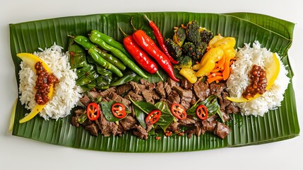 Wall Mural - A delicious meal of beef, vegetables, red chili sauce, tamarind vegetables, and rice is arranged on a banana leaf atop a white background.