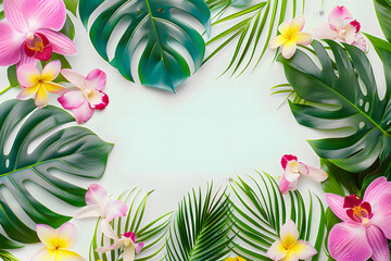 Wall Mural - Summer background with tropical orchid flowers and green tropical palm leaves on light background. Flat lay, top view.