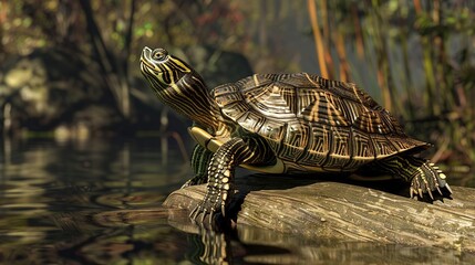 Sticker - Realistic 3D Turtle on a Log by a Pond Illustration