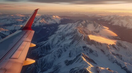 Aerial view of snowy mountain peaks at sunrise from plane window. Scenic wing view, high altitude in serene nature gets captured from sky.