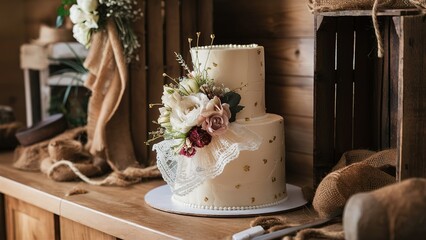 A white cake with pink flowers on it sits on a wooden table