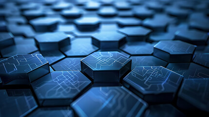 Wall Mural - Close-up of dark blue hexagonal shapes with circuit patterns, evoking technology and innovation.