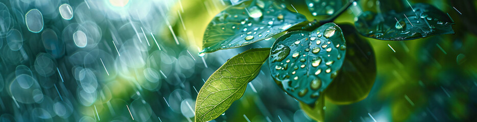 Wall Mural - rainy window with blurred raindrops and a green leaf in the foreground, watercolor, light blue and t