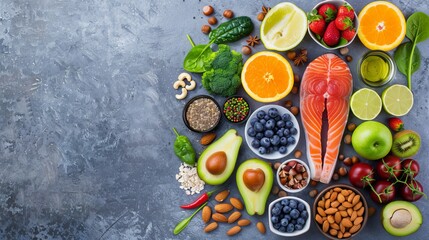 Wall Mural - Assorted healthy foods like fresh fruits, vegetables, nuts, and fish arranged on a concrete surface. Seen from above