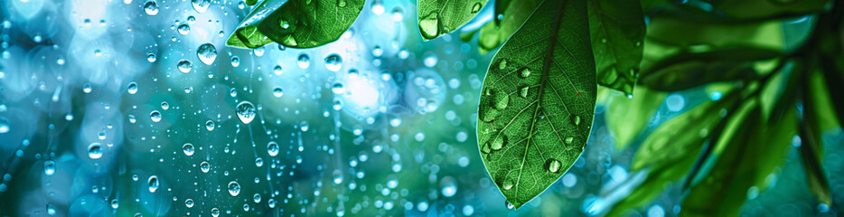 Wall Mural - rainy window with blurred raindrops and a green leaf in the foreground, watercolor, light blue and t