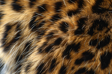 Poster - A close up of leopard fur texture with detailed spots, showcasing the natural beauty and patterned skin. A perfect symmetrical photo, centered, with space for text in the background.