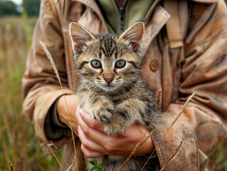 A person is holding a kitten in their arms. The kitten is brown and white with a greenish-yellow eye. The person is wearing a brown jacket and he is in a natural setting